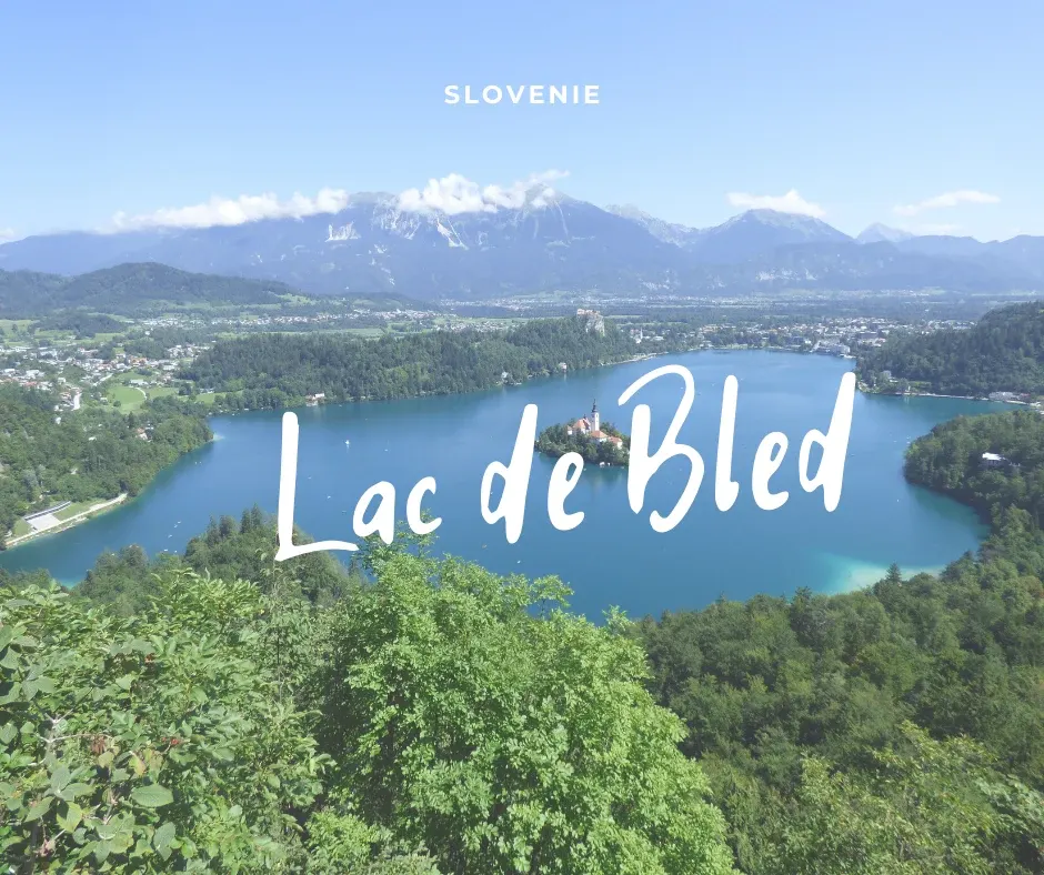 Lake Bled and its island seen from the wooded heights