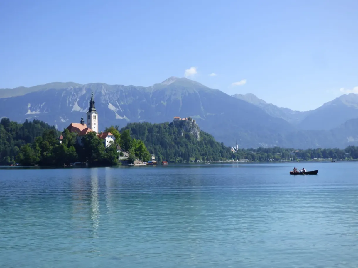 Bled island, its church and the castle perched in the background