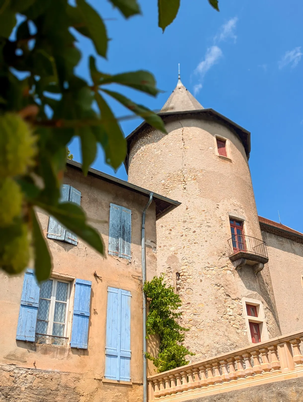 Round tower and blue shutters of the castle glimpsed between the foliage