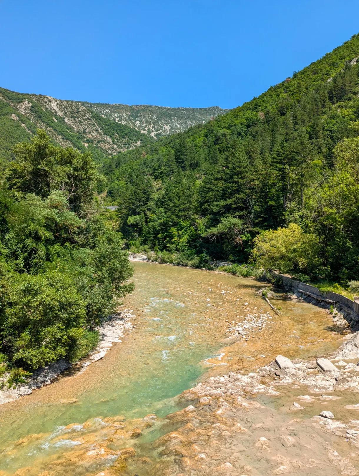 River winding between entirely wooded slopes