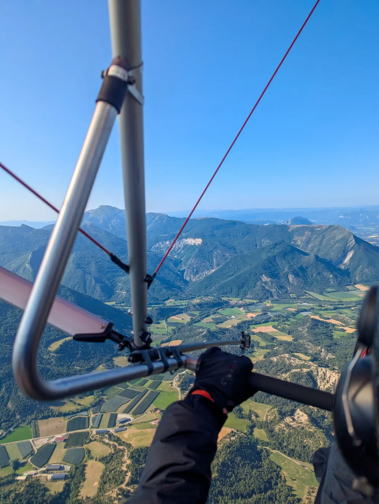 Wing of the microlight and chequerboard of fields seen in flight