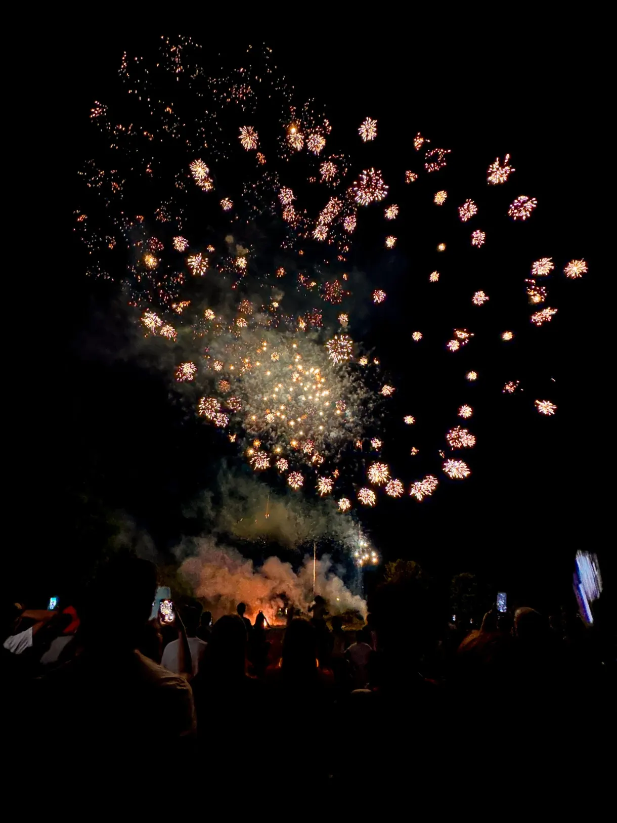 Fireworks bursting above the crowd at night