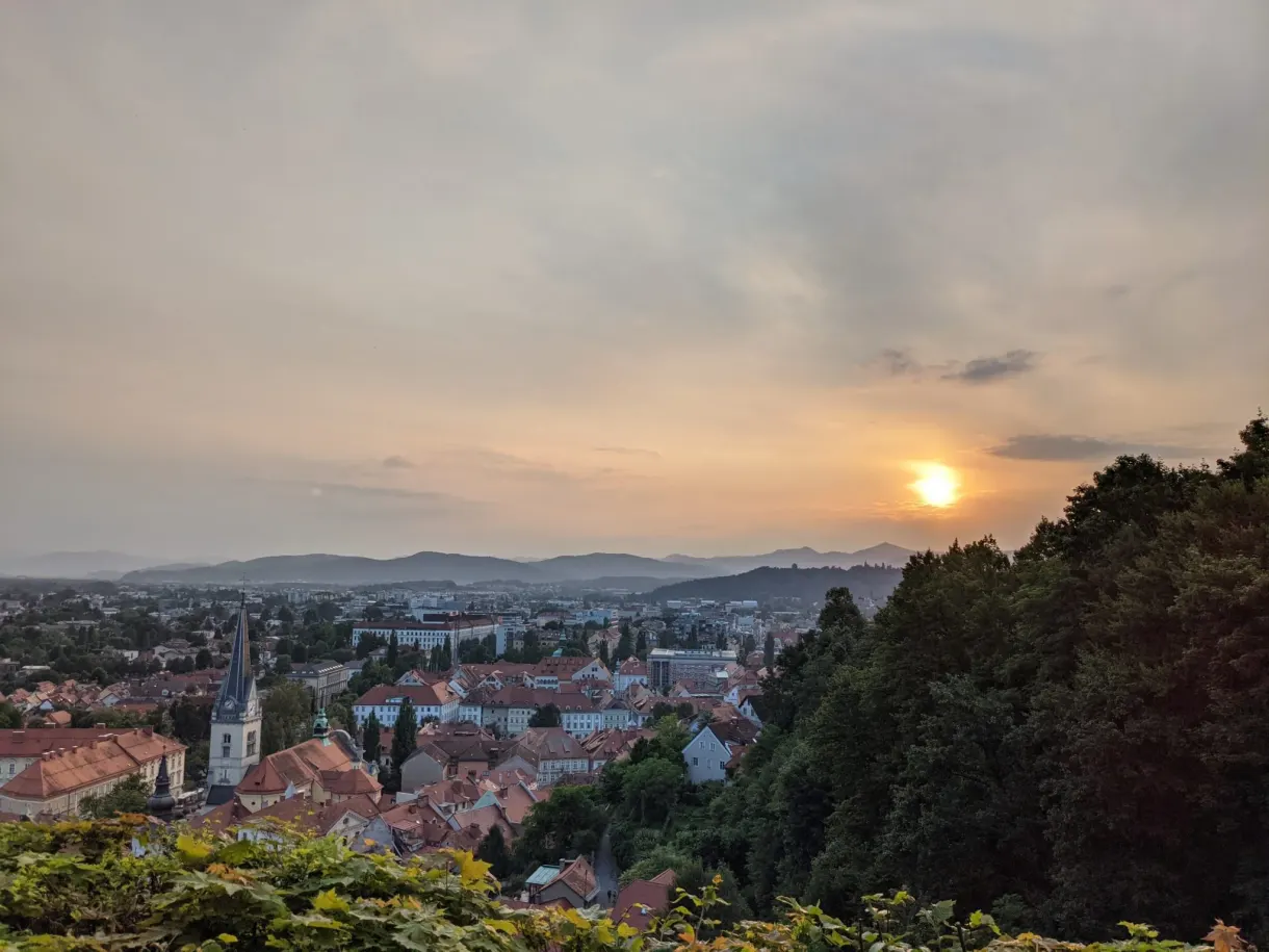 Orange sunset over the city from the wooded hill