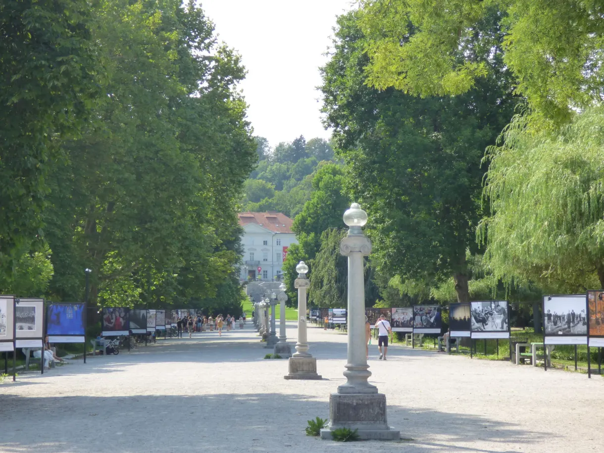 Wide walkway of Tivoli park lined with exhibition panels
