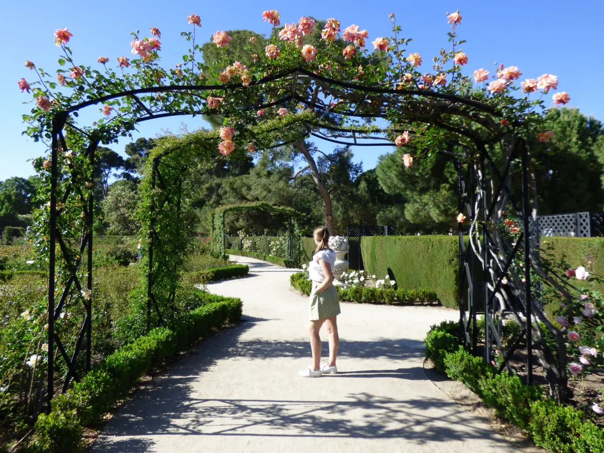 Rose pergola opening onto a gravel path
