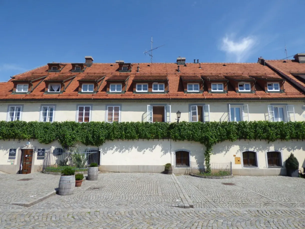 Houses along the quay covered with climbing vine