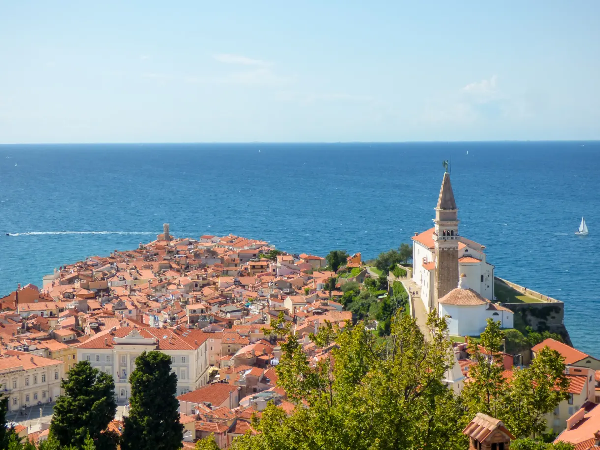 Peninsula of Piran with its red roofs ringed by the Adriatic