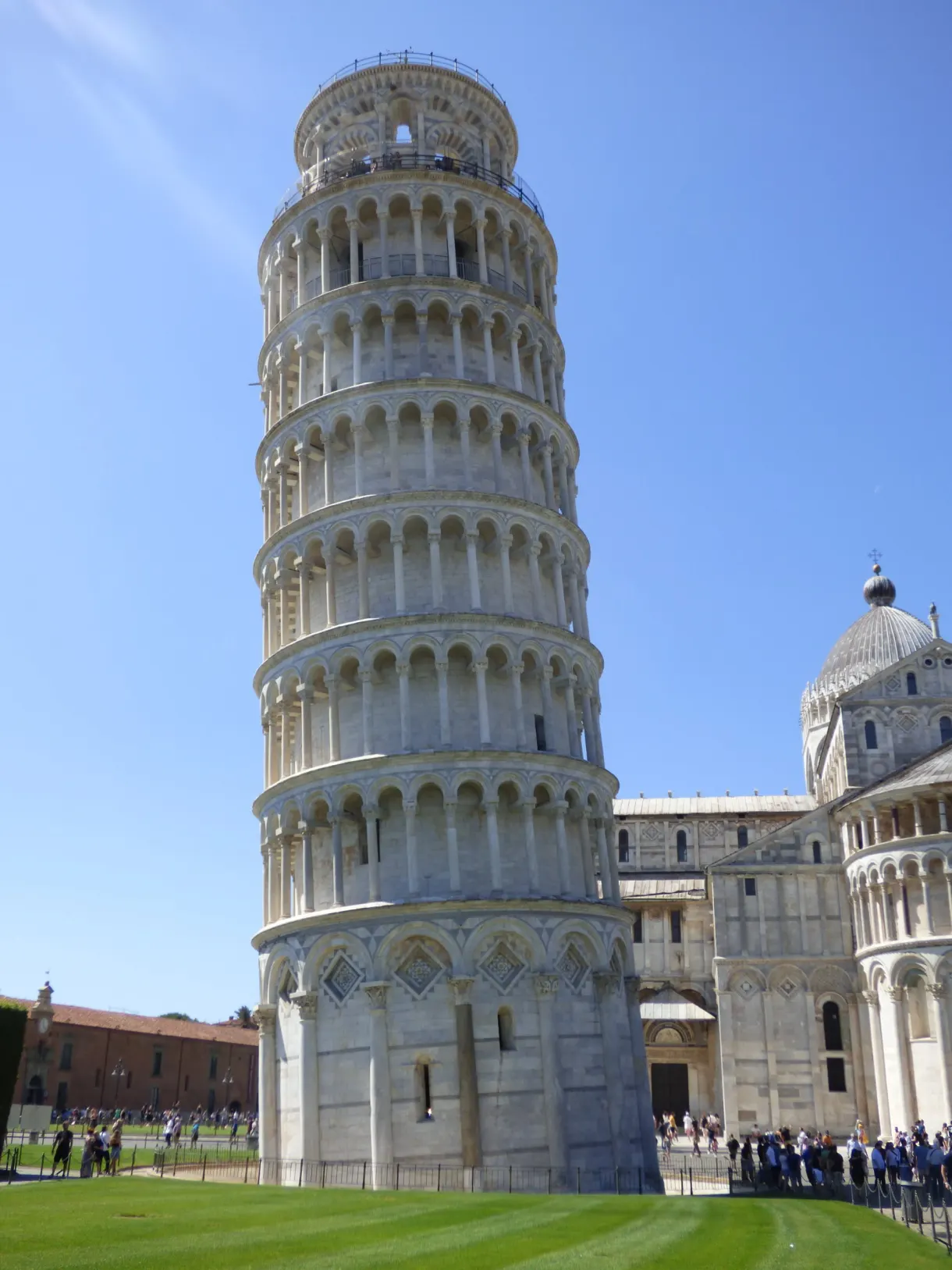 Leaning tower of Pisa rising above the lawn