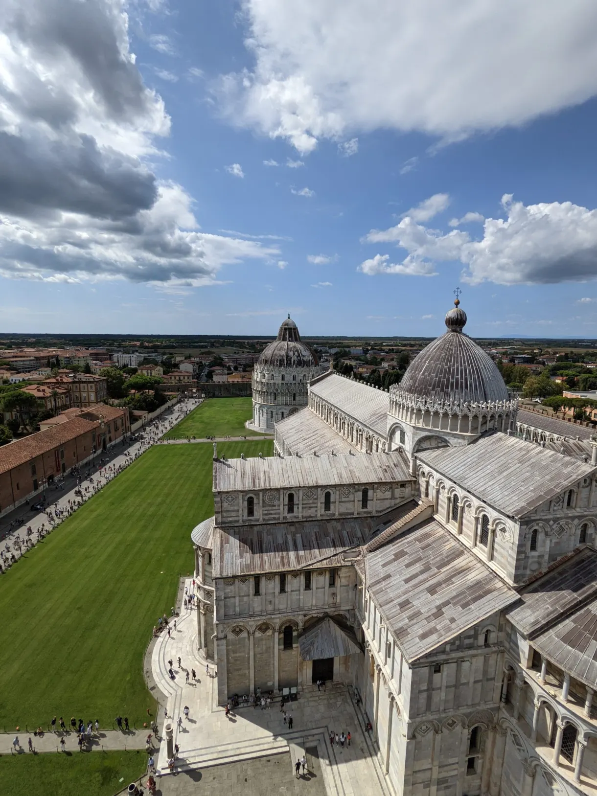Cathedral and lawn seen from above from the bell tower