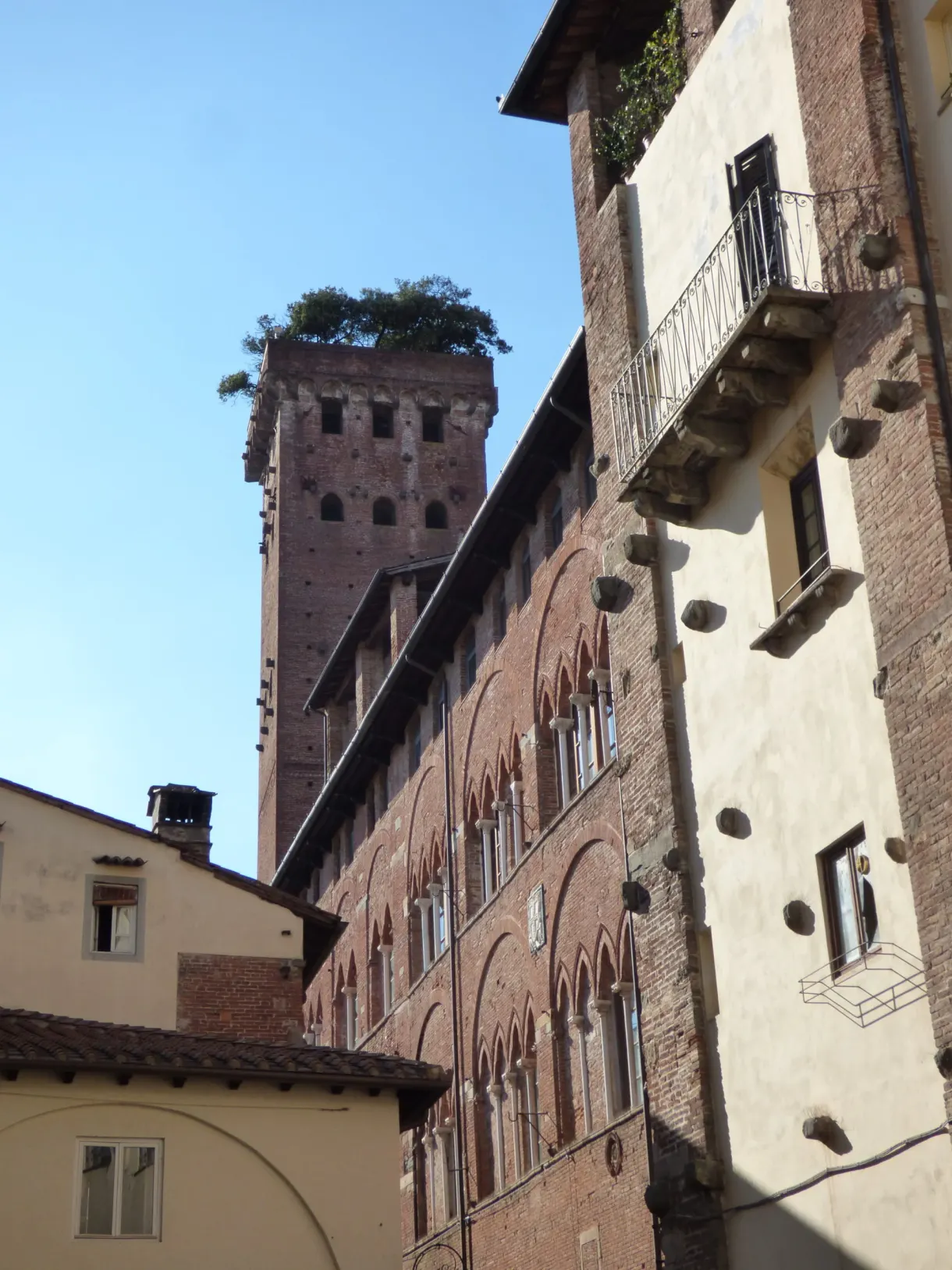Brick tower crowned with trees above the rooftops