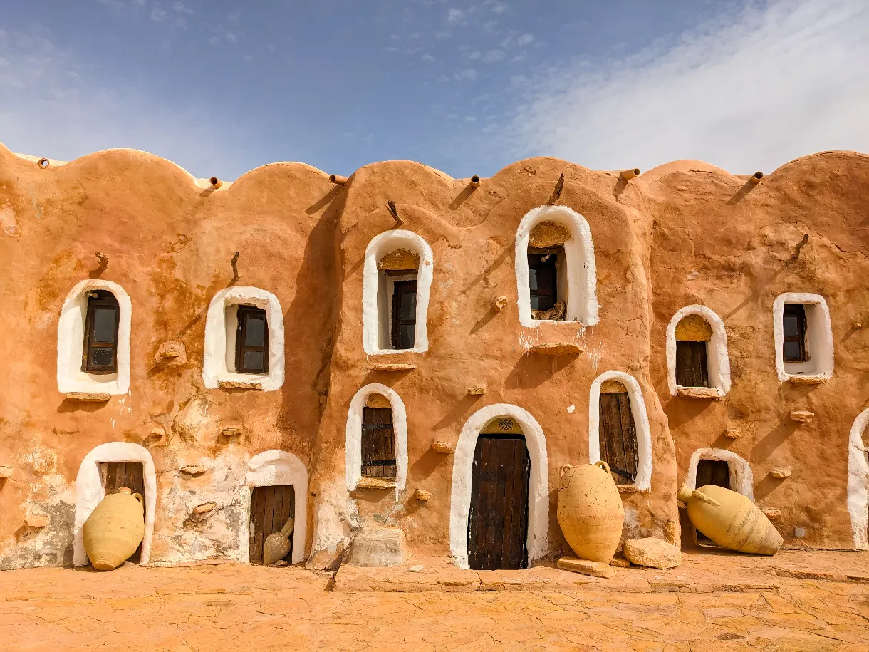 Ksour, ochre-earth grain stores in southern Tunisia, with ceramic jars in front