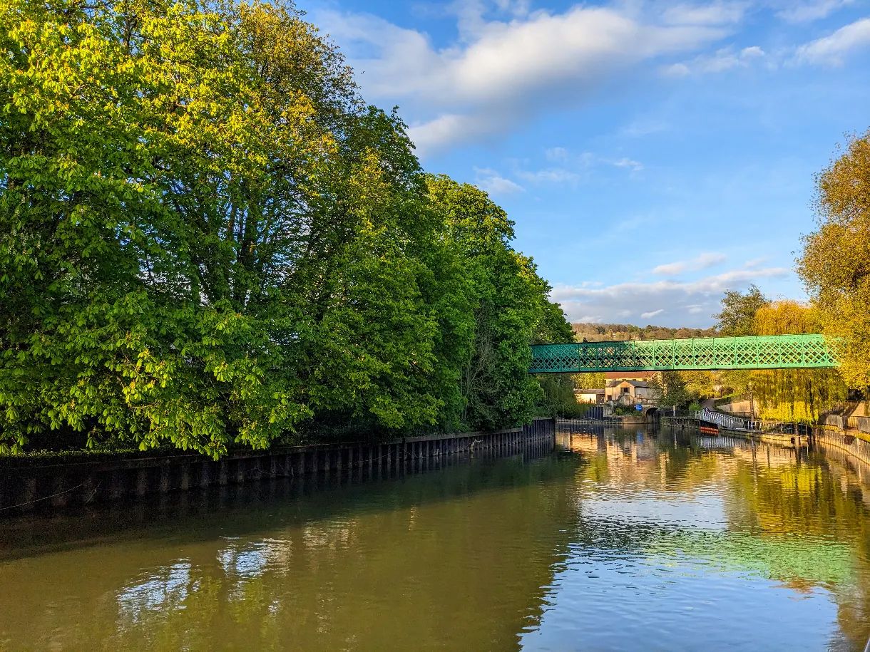 the River Avon flowing through the city of Bath with green trees