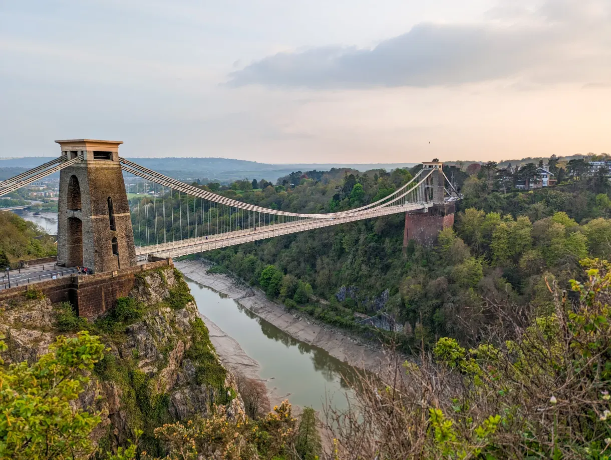 Clifton suspension bridge spanning the wooded gorge