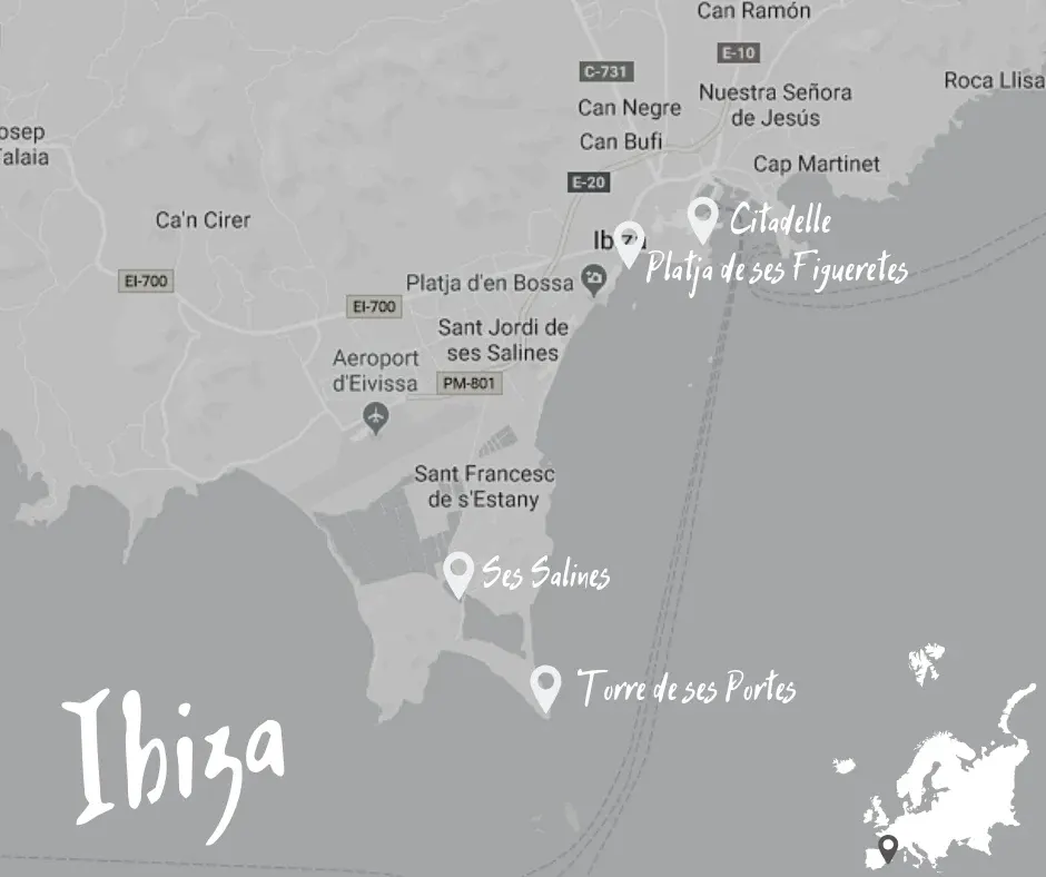 Map of Ibiza locating the citadel, the beaches and the Torre de ses Portes
