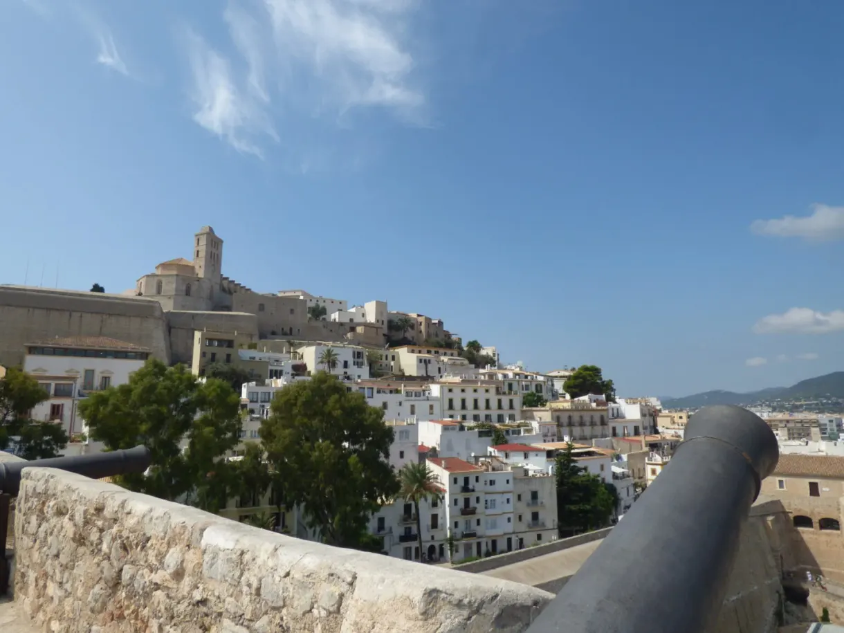 Old cannon trained on the white rooftops below