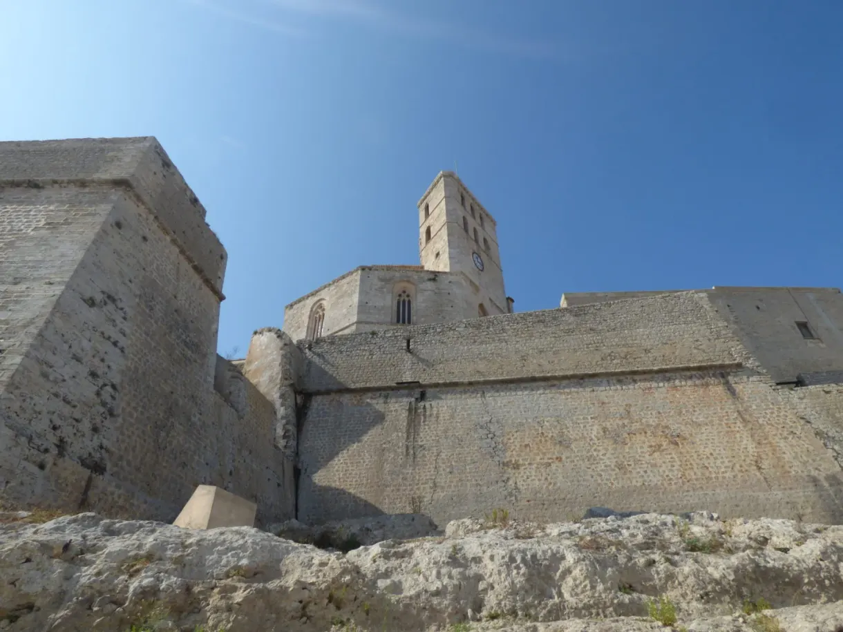 Massive bell tower of the cathedral seen from the ramparts