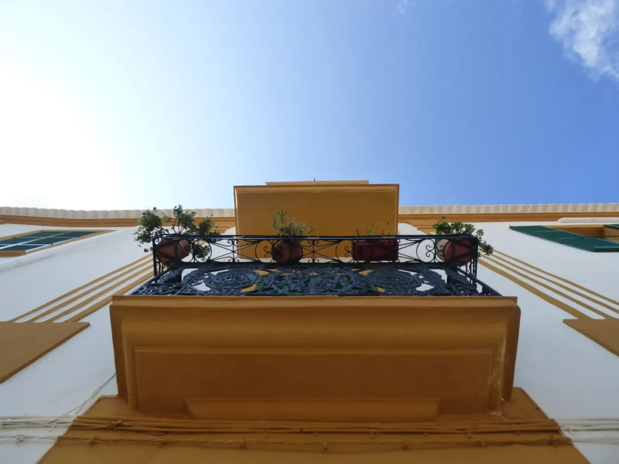 Ochre balcony laden with flower pots seen from below