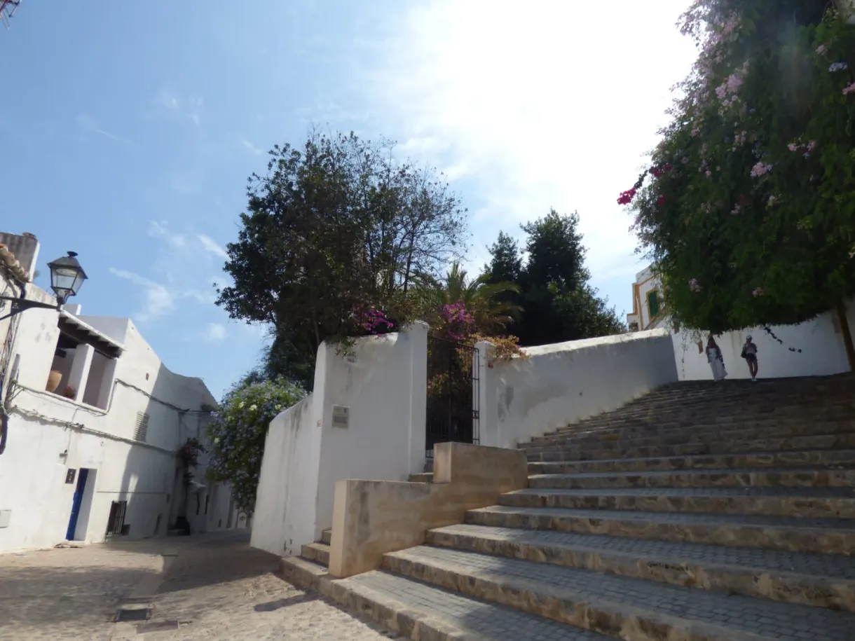 Flight of stone steps between two white walls
