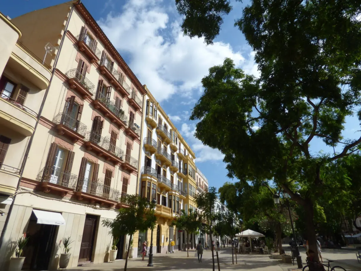 Building with balconies lining a tree planted avenue