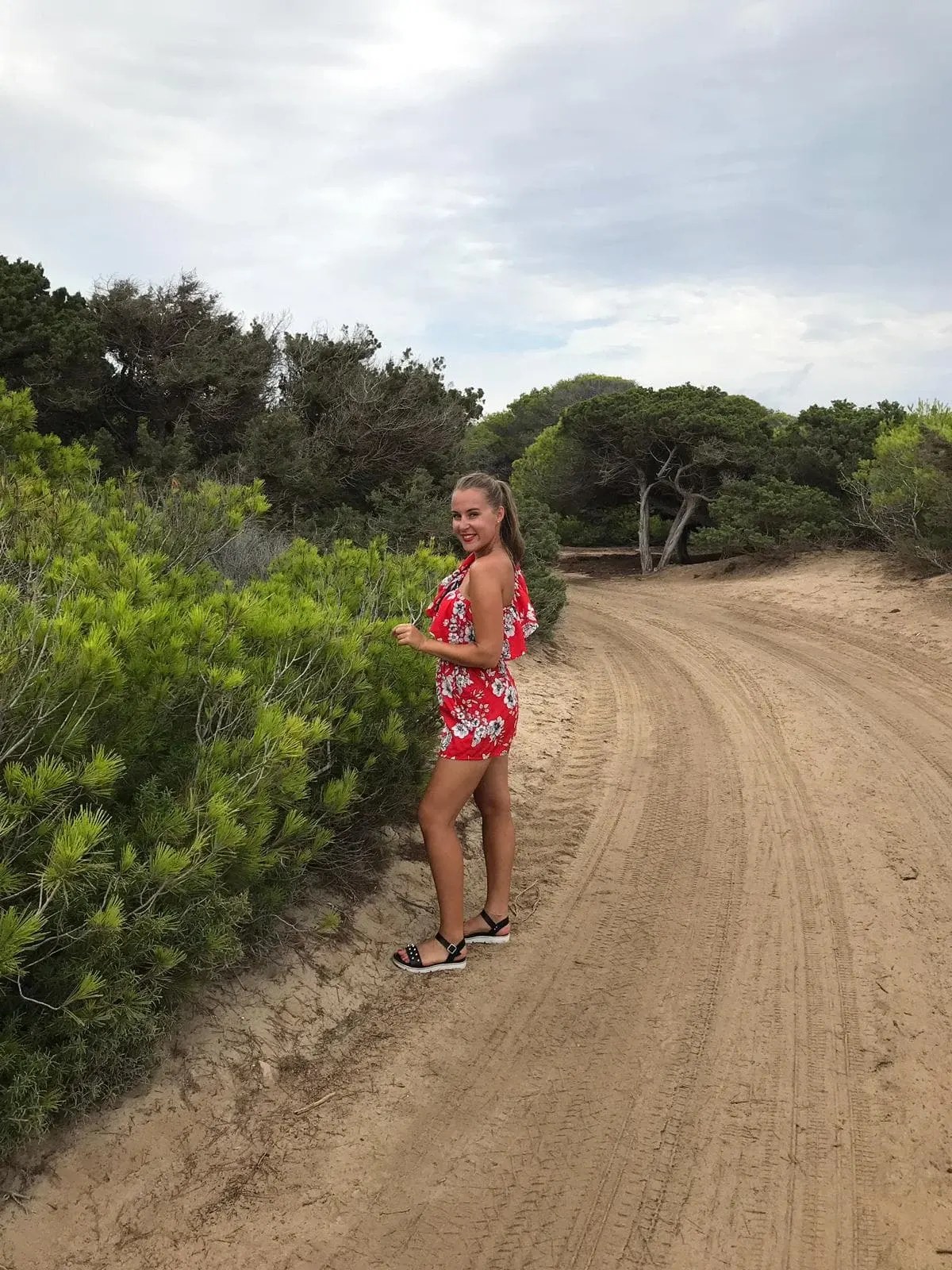Woman in a red dress walking a sandy path lined with pines
