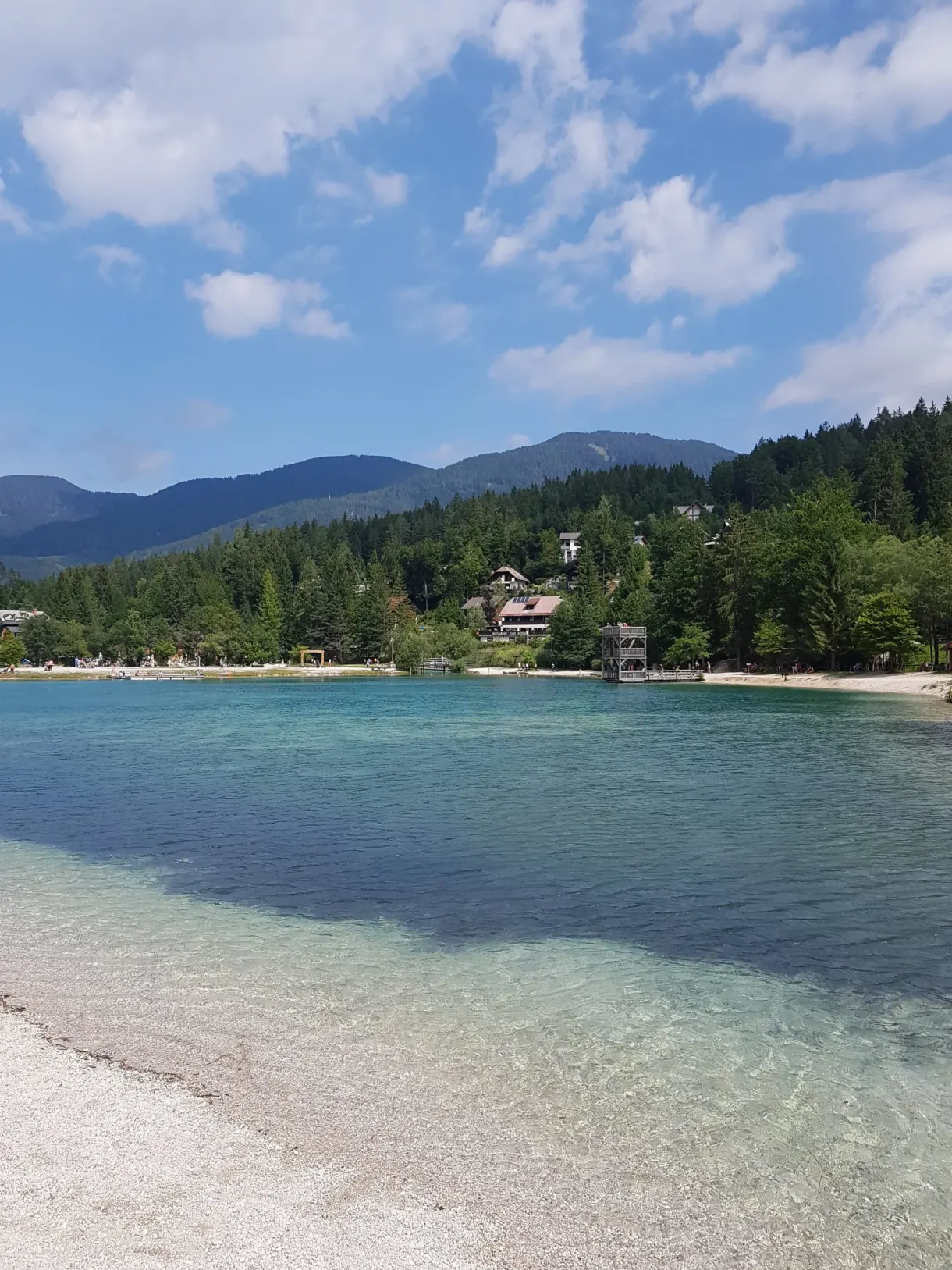 Turquoise water and pebble beach at the foot of the fir trees
