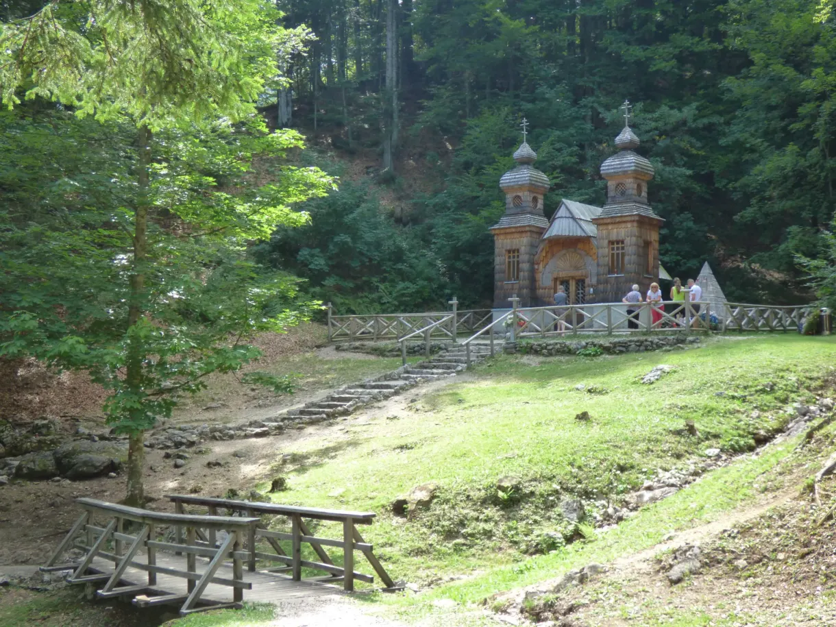 Wooden walkway leading to the chapel in the undergrowth