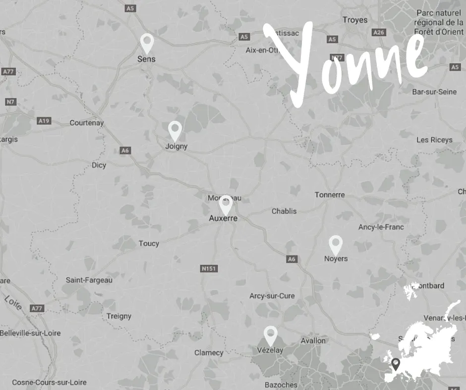Map of the Yonne marking the stages of the road trip