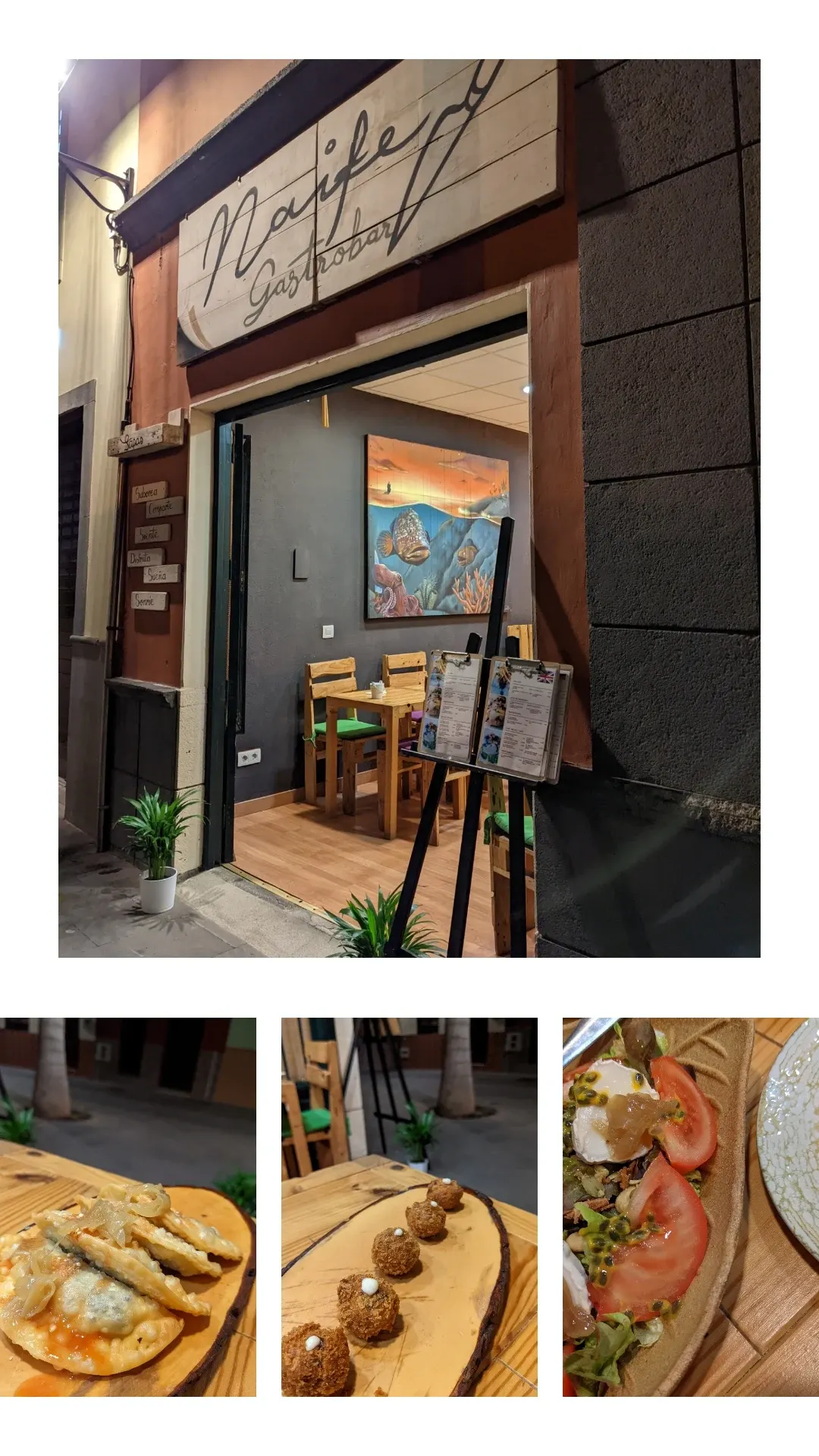 Devanture d'un restaurant et trois assiettes de tapas en montage