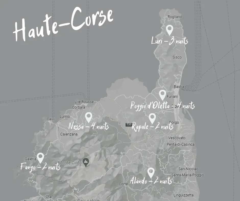 Map of Haute-Corse and the six stages of the road trip