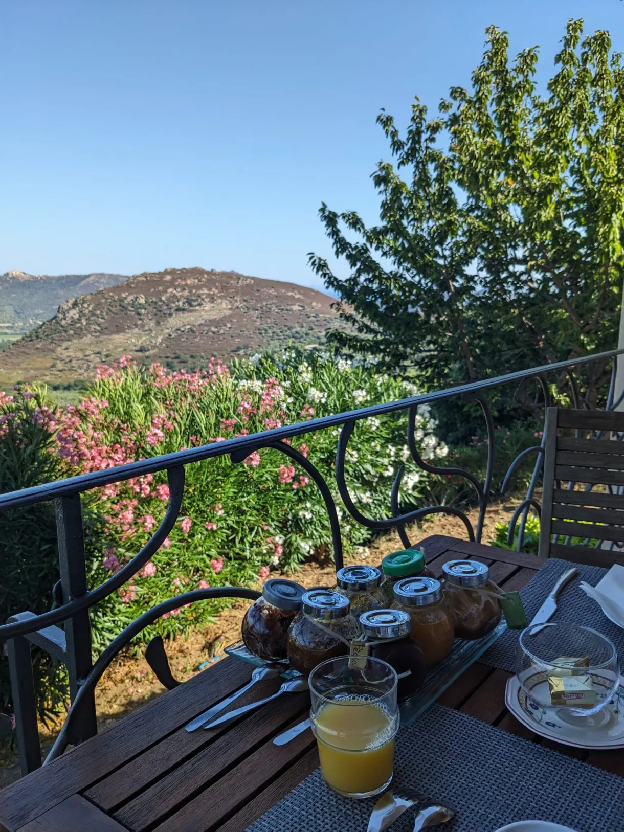 Breakfast on a flower-filled balcony facing the maquis