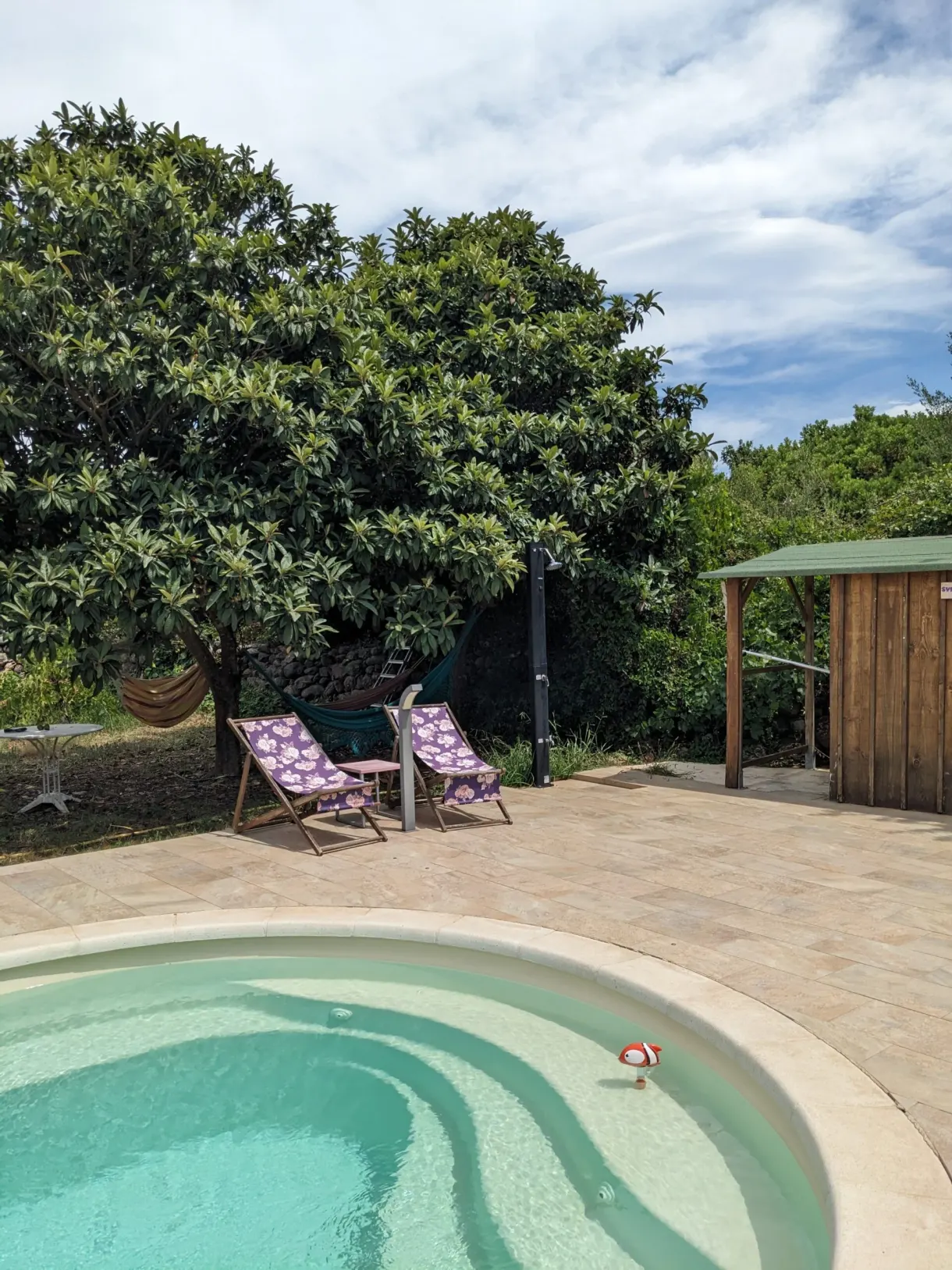 Curved pool, striped sun loungers and hammock in the shade