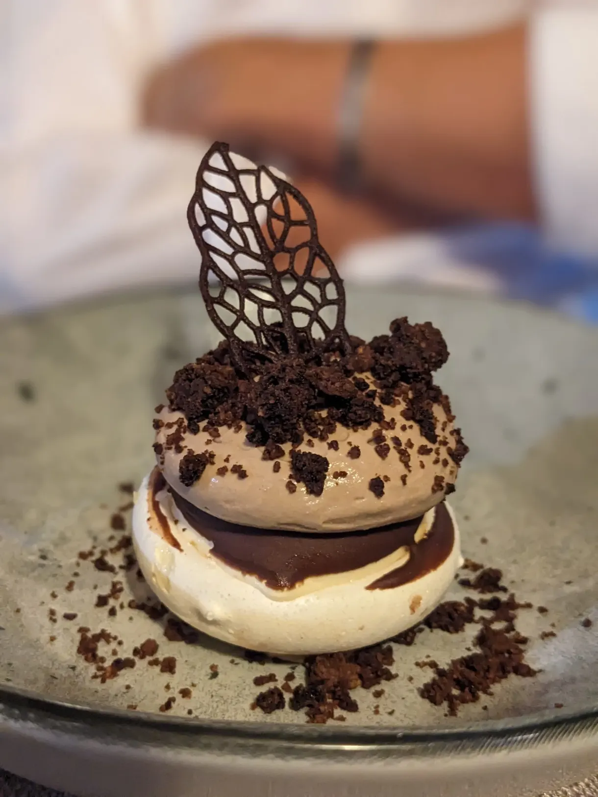 Frozen chocolate dessert topped with a cocoa tuile