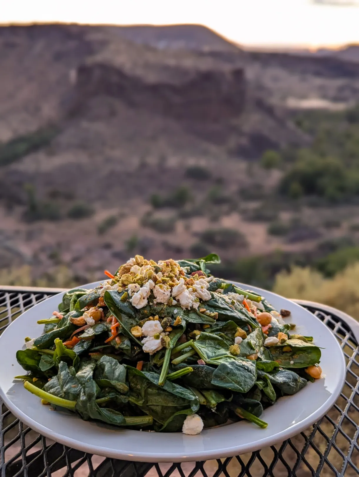 Assiette de légumes verts servie face aux roches rouges