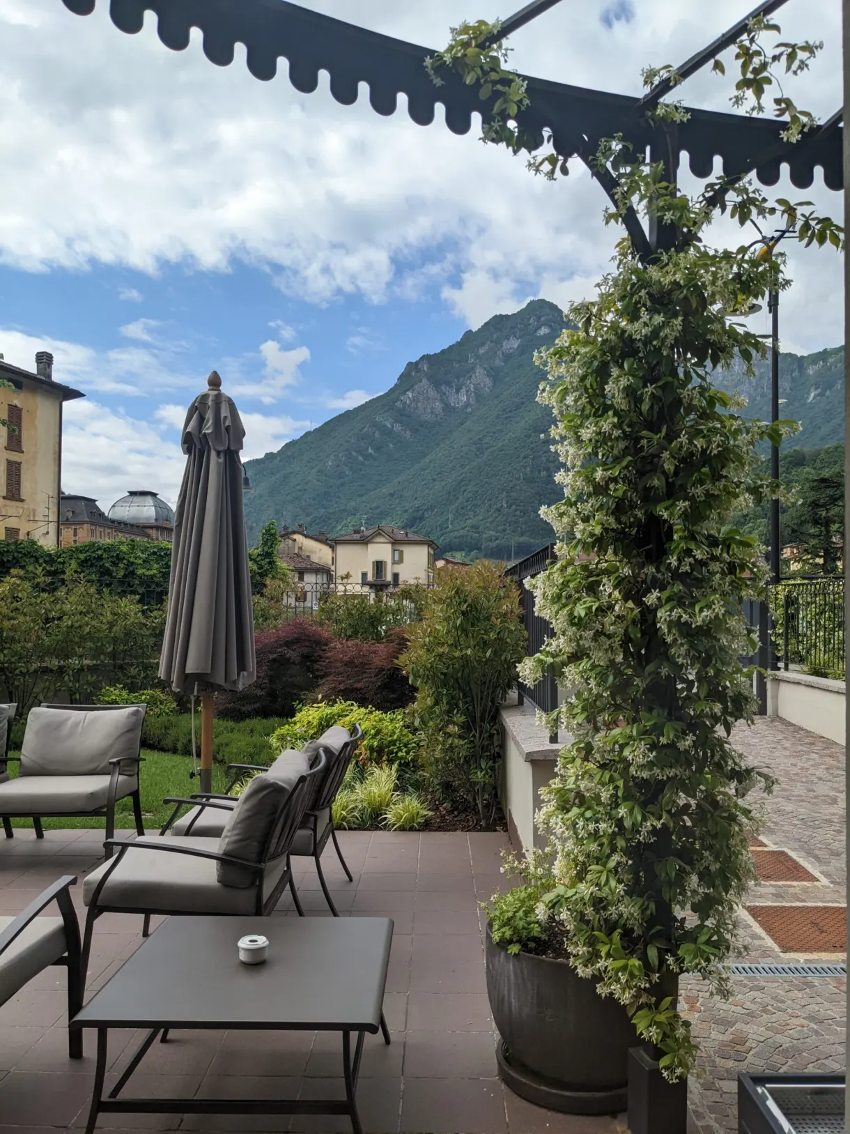 Terrasse sous une pergola fleurie face aux montagnes