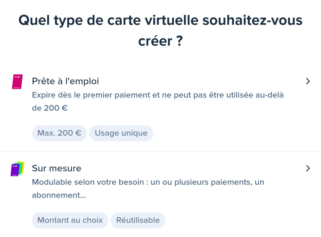 Application BoursoBank : choix entre une carte virtuelle à usage unique plafonnée à 200 € et une carte virtuelle sur mesure réutilisable