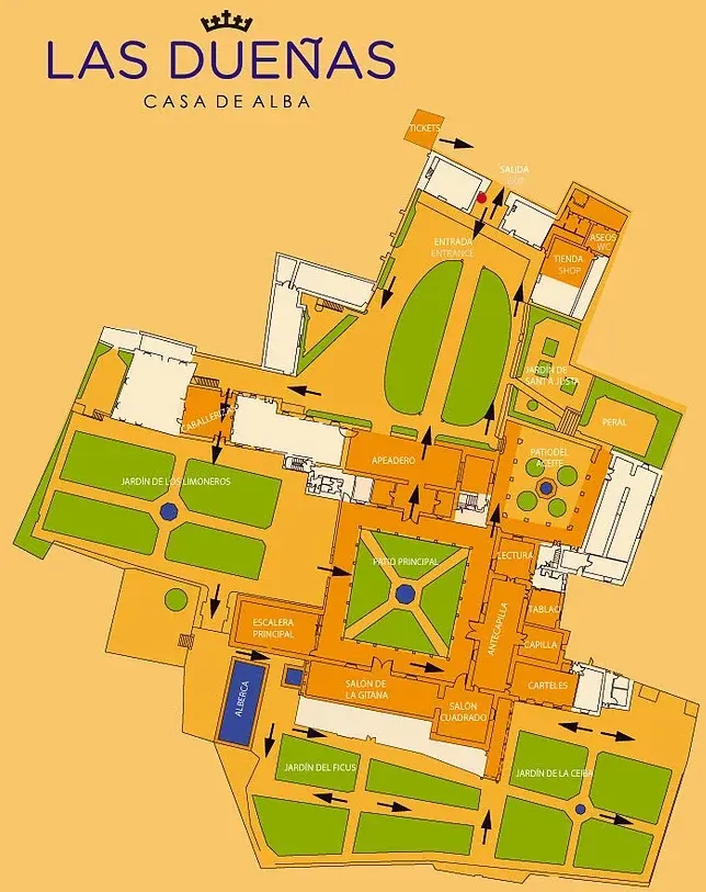 Orange plan of the gardens and rooms of the Palacio de las Dueñas