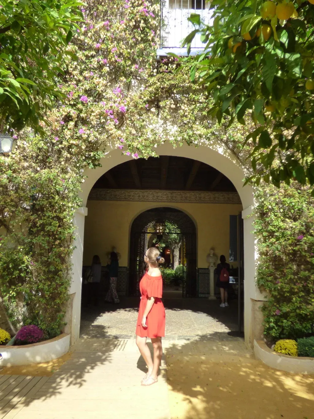 Woman in a red dress under a porch flowering with bougainvillea