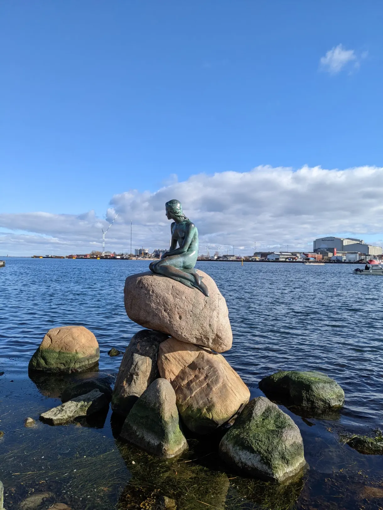 Petite Sirène de bronze au sommet des rochers émergés du rivage