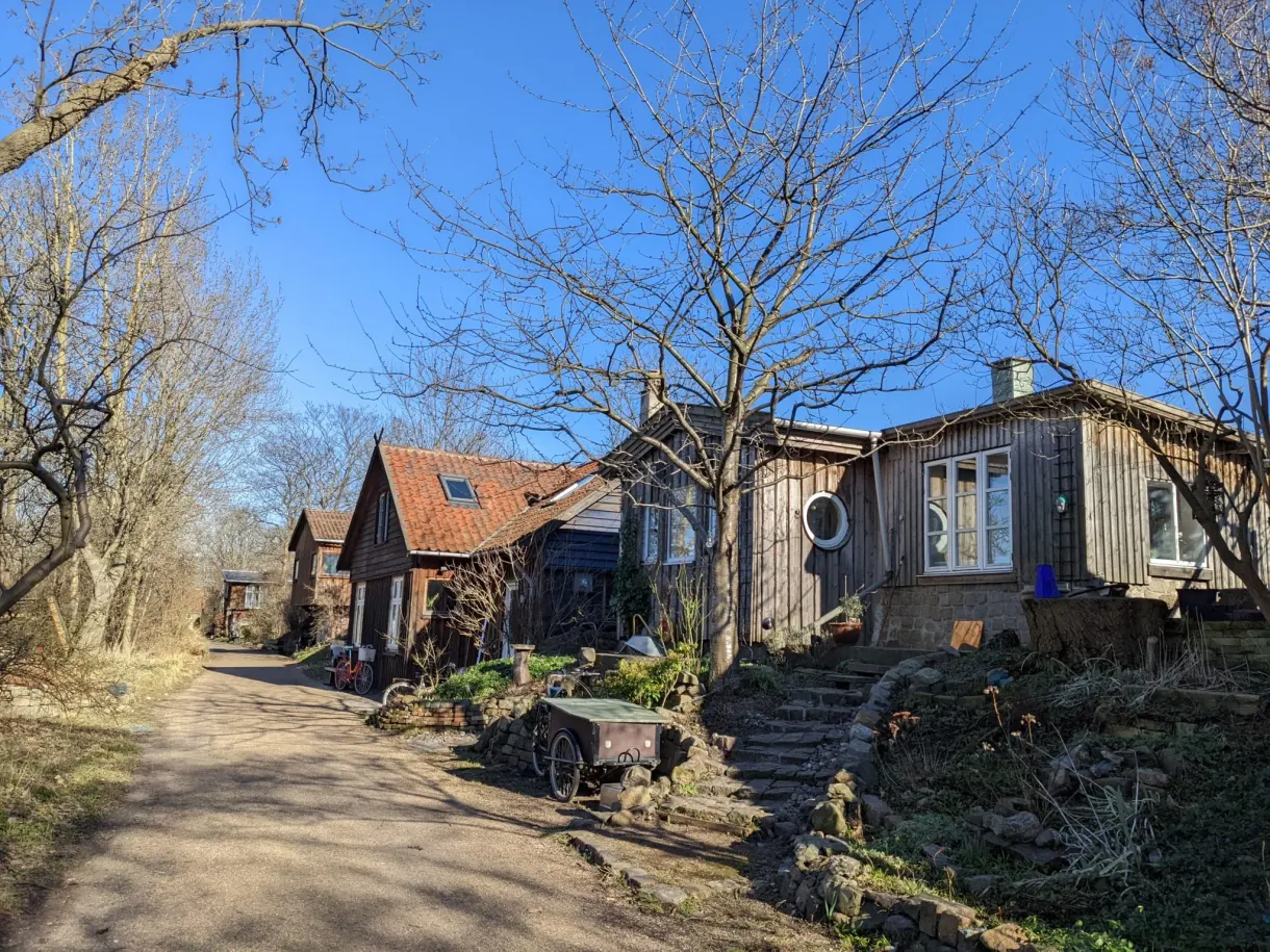 Chemin de terre longeant des cabanes de bois autoconstruites