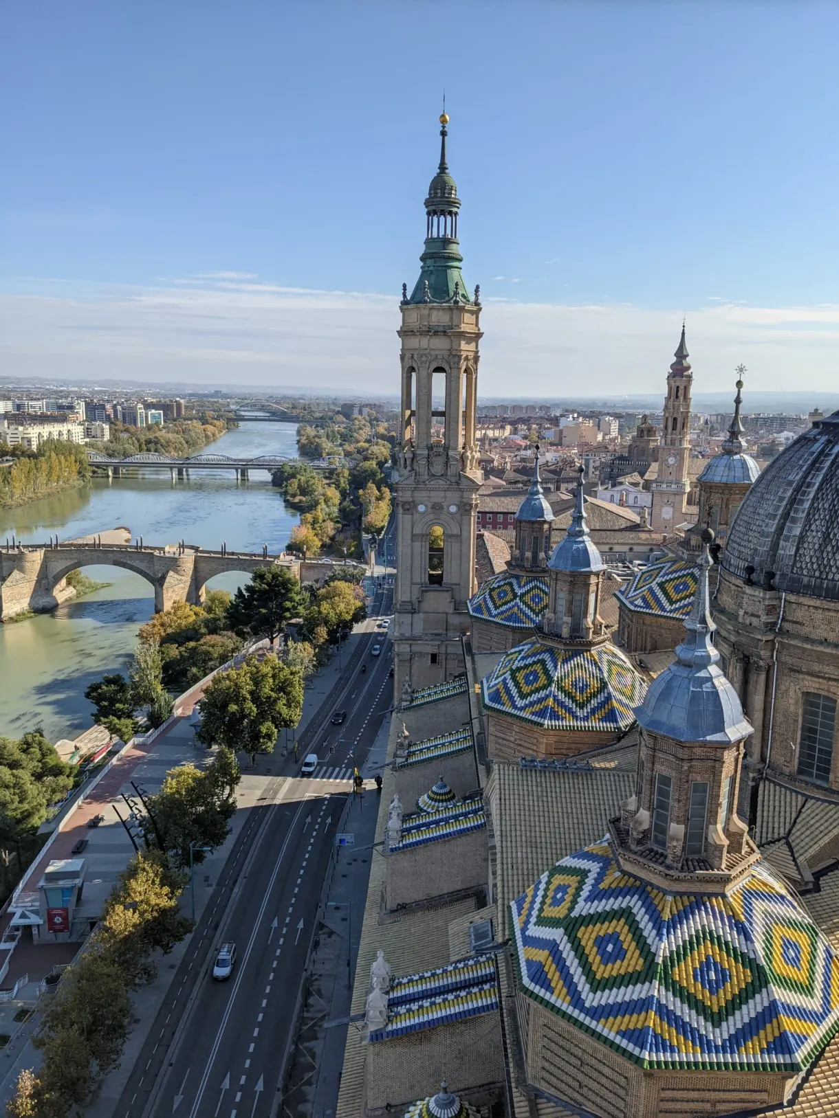 Glazed tile domes and the Ebro seen from the bell tower