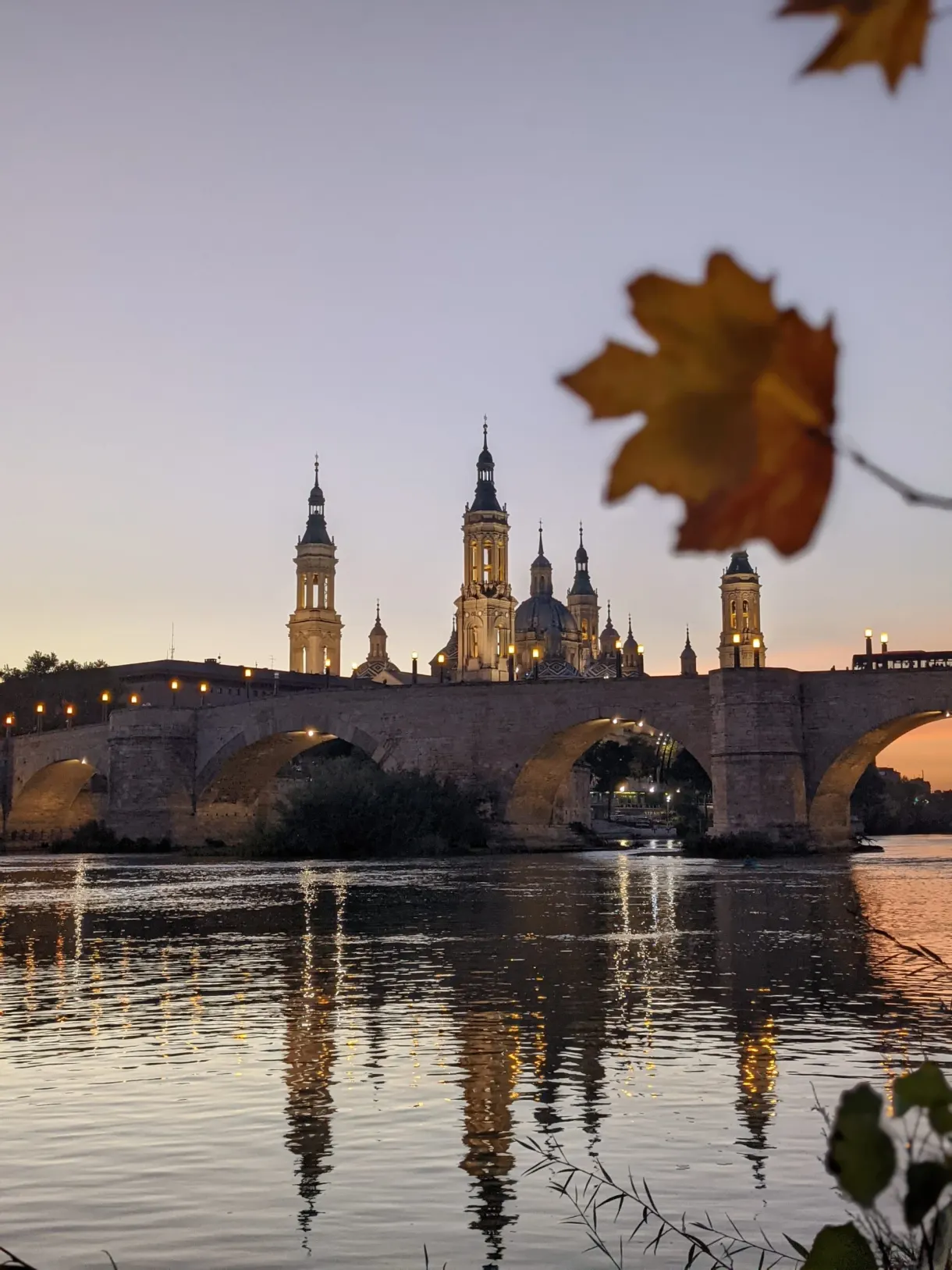 Maple leaf in front of the bridge and the basilica at dusk