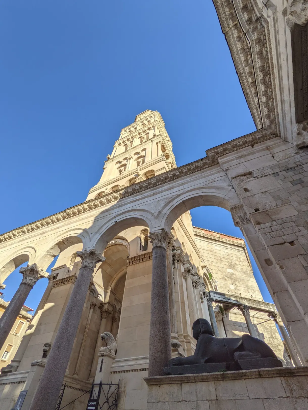 Columns of the peristyle and the campanile seen from below