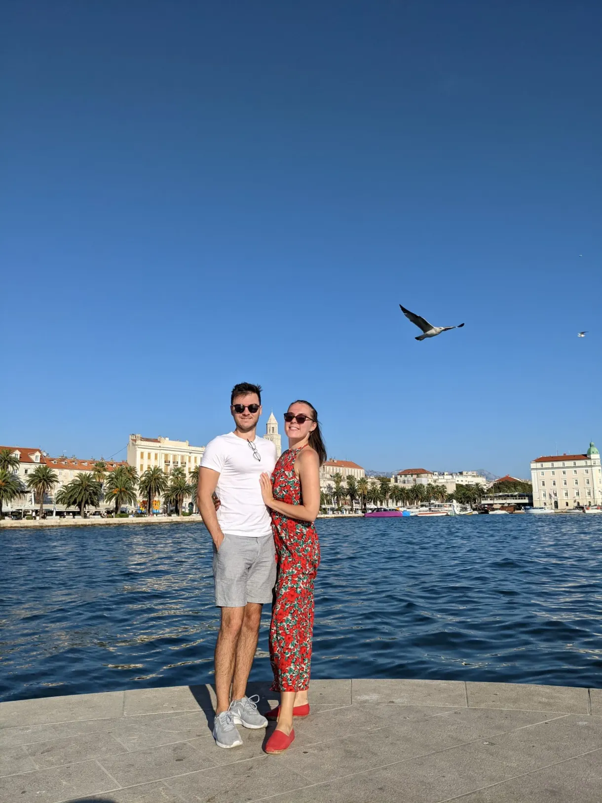 Couple embracing at the edge of the quay, a seagull in flight