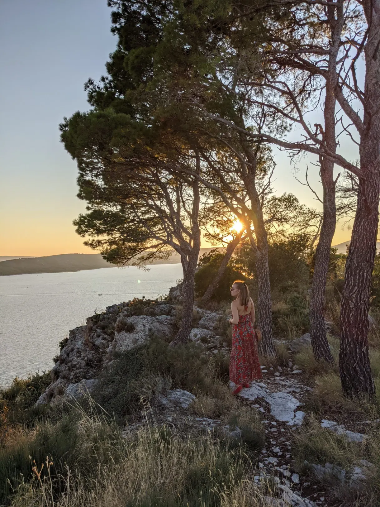 Woman in a red dress backlit under the pines