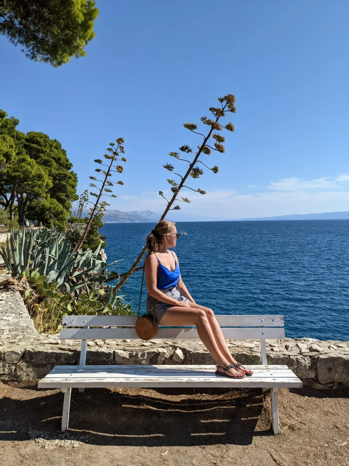 Woman sitting on a white bench near a flowering agave