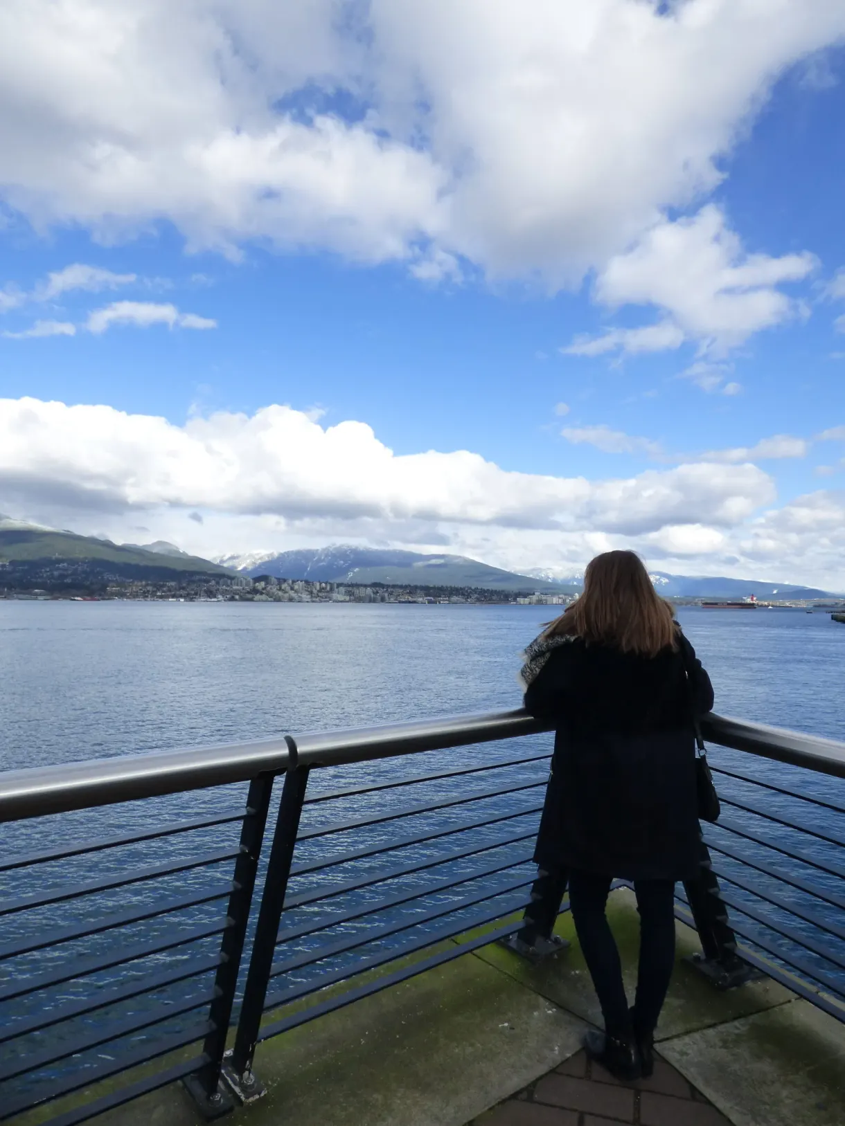Woman leaning on a railing facing the bay