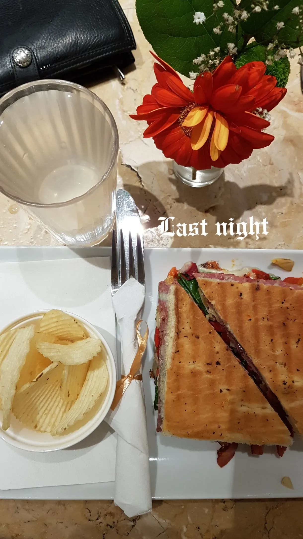 Toasted sandwich, crisps and a red flower on the table