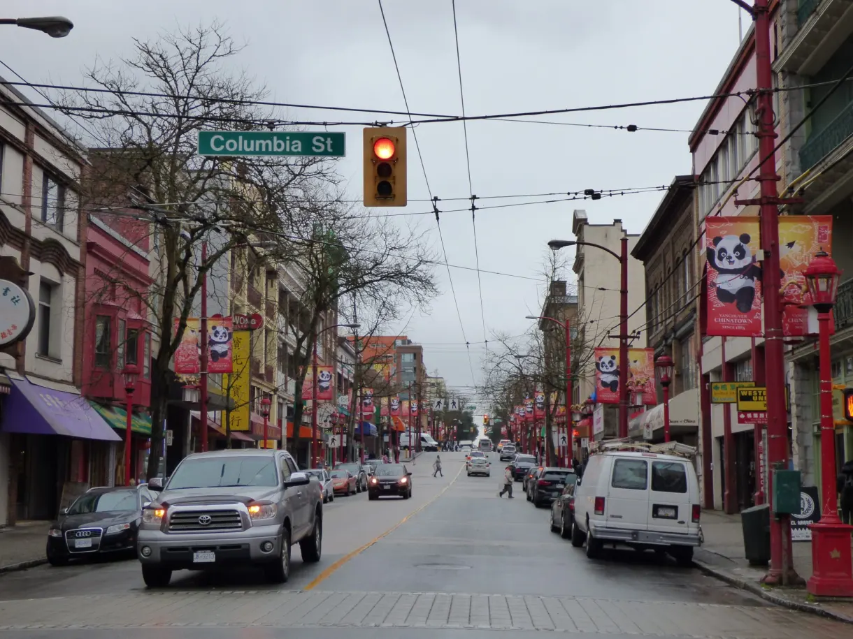 Chinatown street in the rain, traffic light and pennants