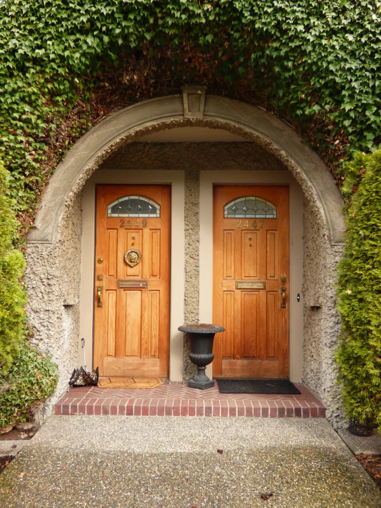 Double wooden door under an arch of ivy