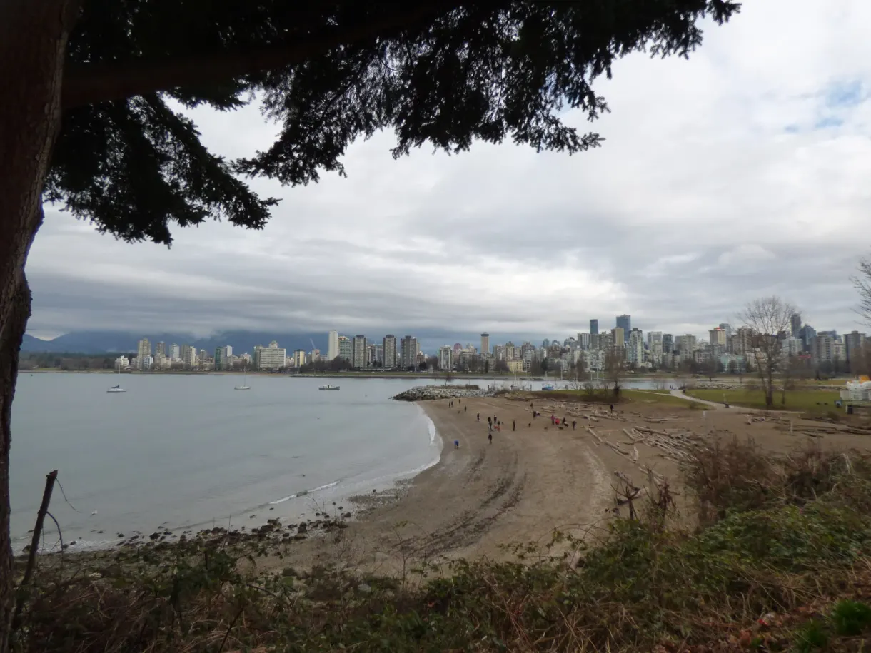 Curved beach facing the distant skyscrapers